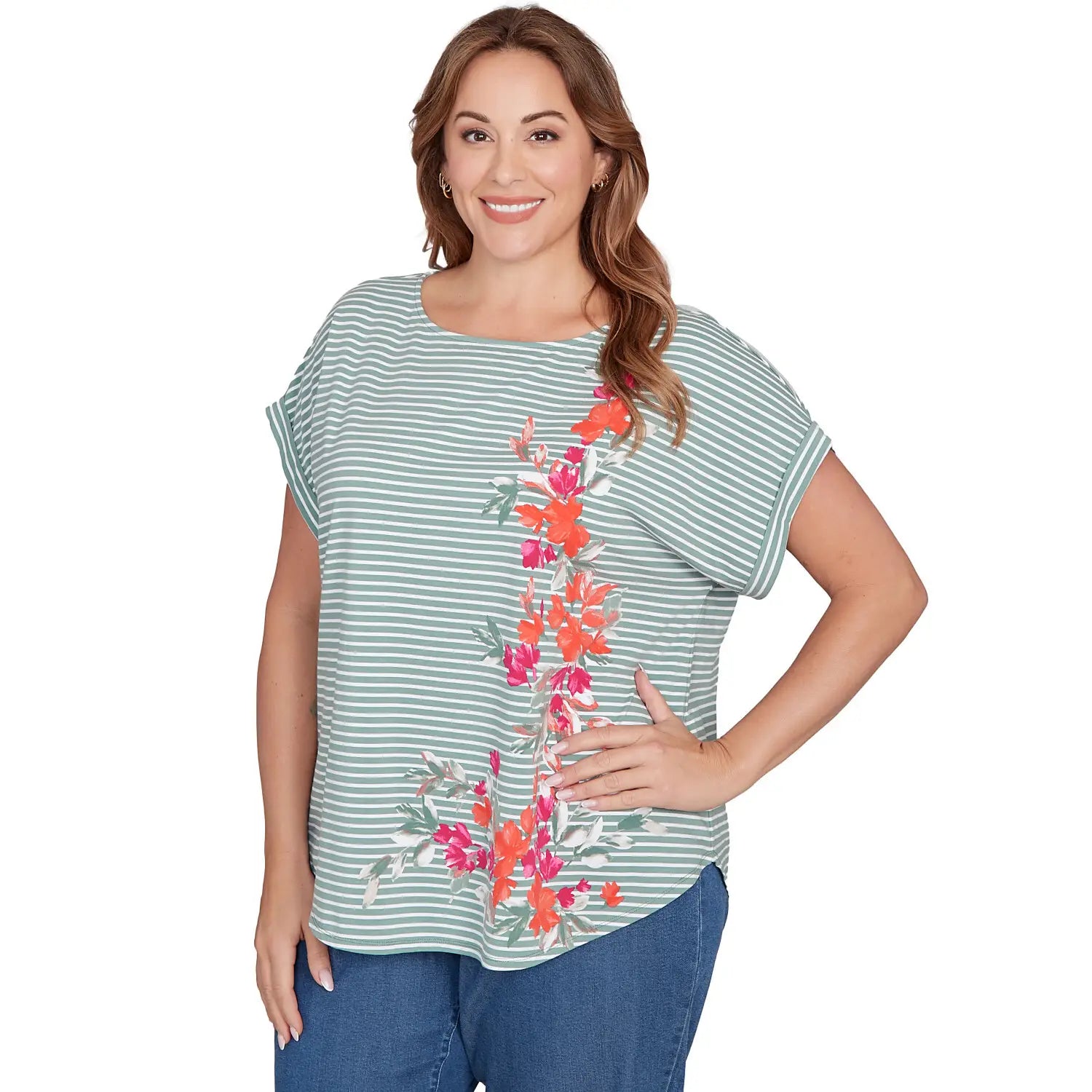 Plus  Floral Stripe Jersey Tee Bayleaf Multi - Ruby Rd