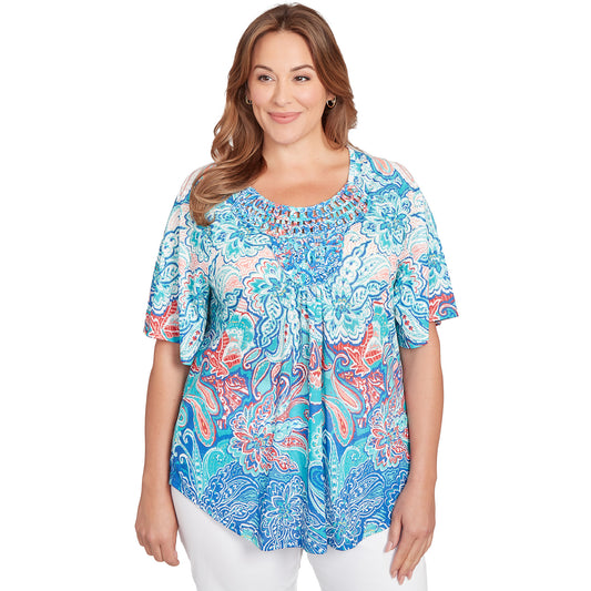 Plus Embellished Layered Paisley Tee Turquoise Multi- Ruby Rd