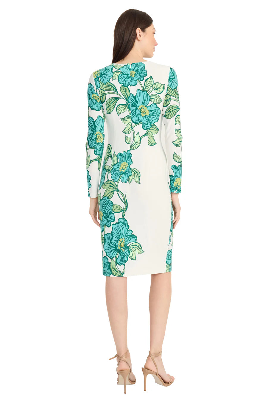 Dress Long Sleeve Floral Printed Sheath White/Green  - Maggy London