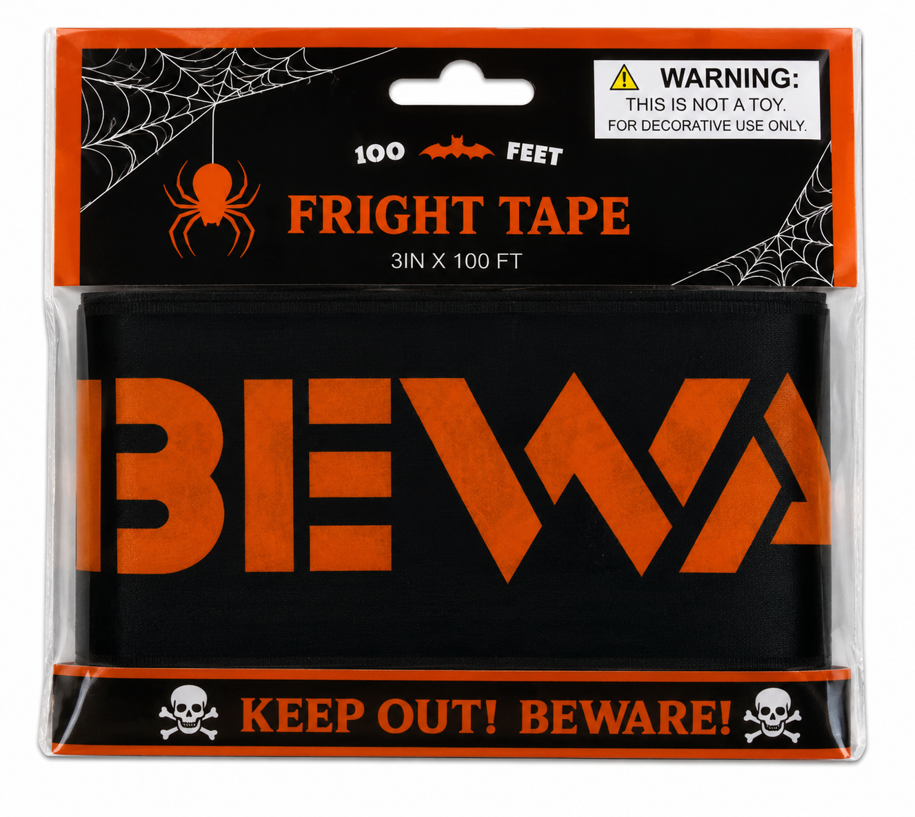 Fright Tape 30 Feet on 12pc Tcd/Polybag w/Cello Sleeve Black-Orange- KEET OUT BEWARE