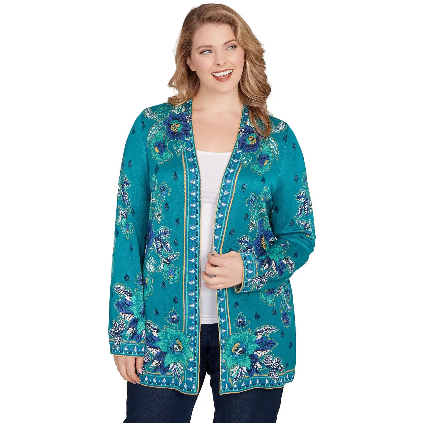 Plus Floral Open Front Sweater Cardigan- Ruby Rd