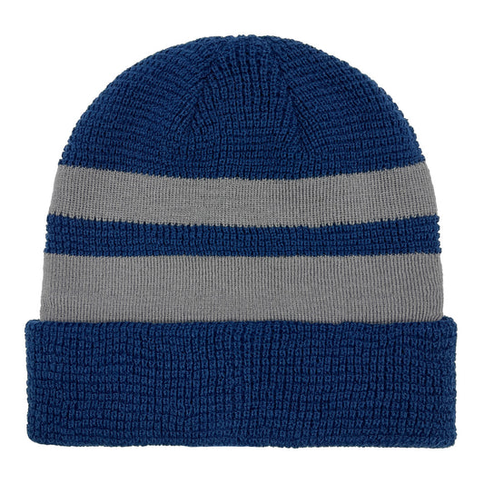 WAFFLE KNIT STRIPED CUFF HAT BLUE