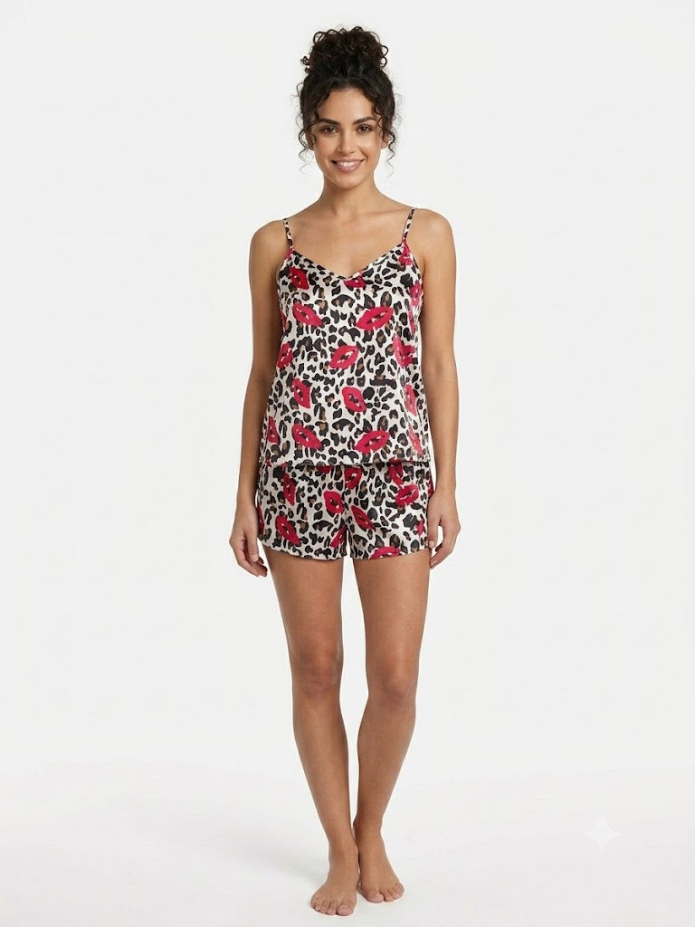 Ladies 2PC Satin Cami / Short PJ Set Print Kisses