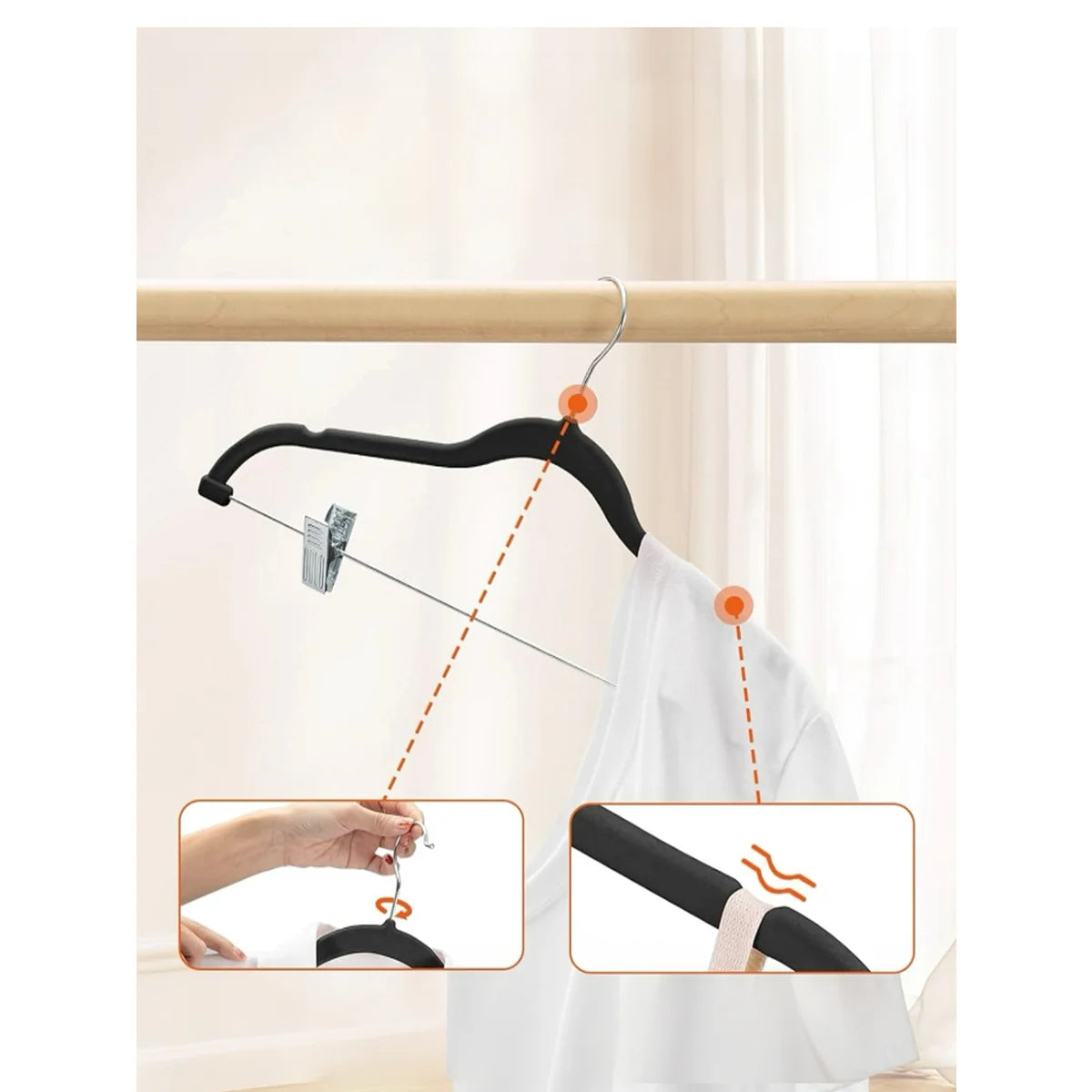 Black - Set of 10 Velvet Hangers with Clips
