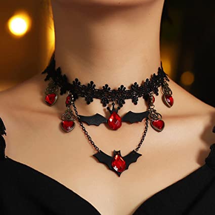 Black Bat Choker Necklace with Red Jewels