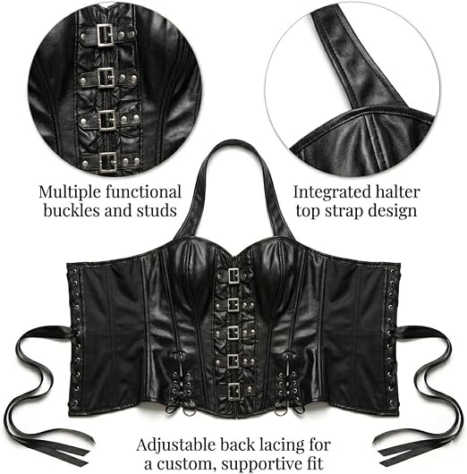 Vinyl Corset Halter Neck Corset with Metal Buckles-Black