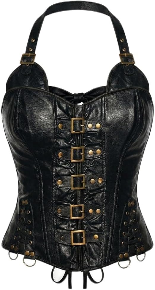 Vinyl Corset Halter Neck Corset with Metal Buckles-Black