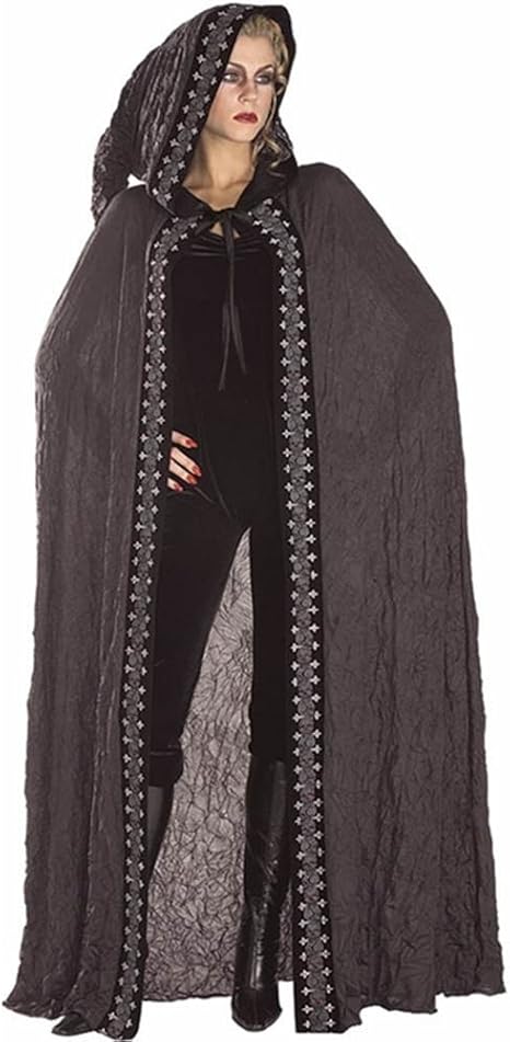 Black Crinkle with Printed Trim Adult Full Length Hooded Cape