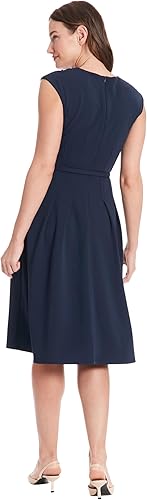 V-Neck Tucked Midi With Belt Dress Navy Blazer - London Times