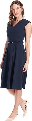 V-Neck Tucked Midi With Belt Dress Navy Blazer - London Times