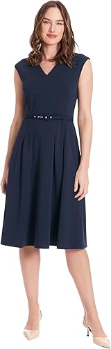 V-Neck Tucked Midi With Belt Dress Navy Blazer - London Times