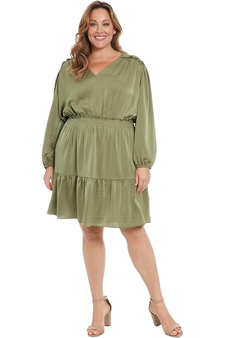 V-Neck Smocked Dress Moss  (Plus Size) - London Times