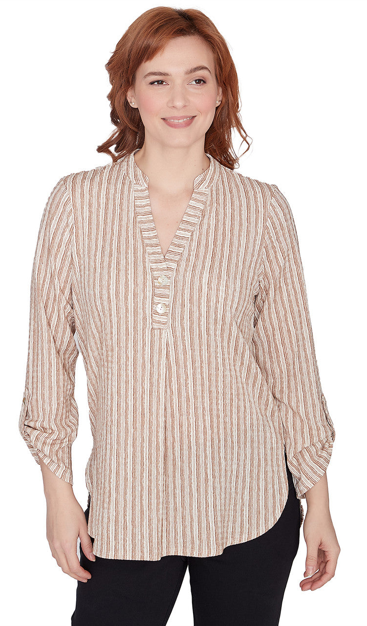 Crinkle Knit Band Split V-Neck Roll-Tab Taffy Multi   - Ruby Rd
