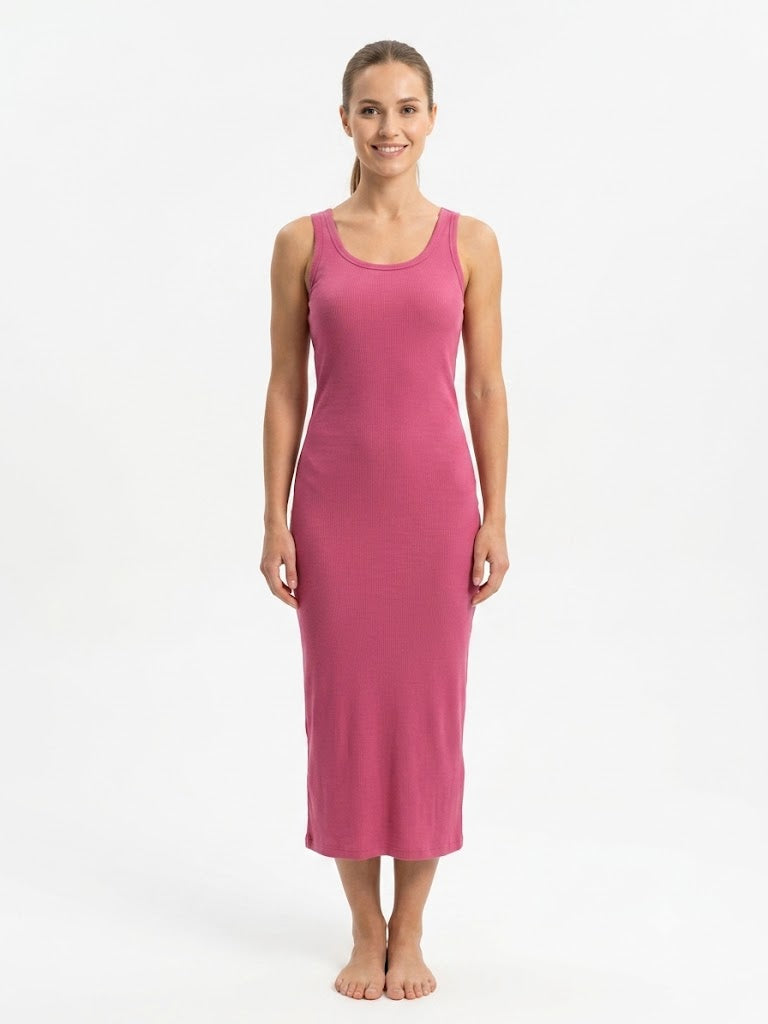 Ladies Ribbed Long Chemise HOT PINK