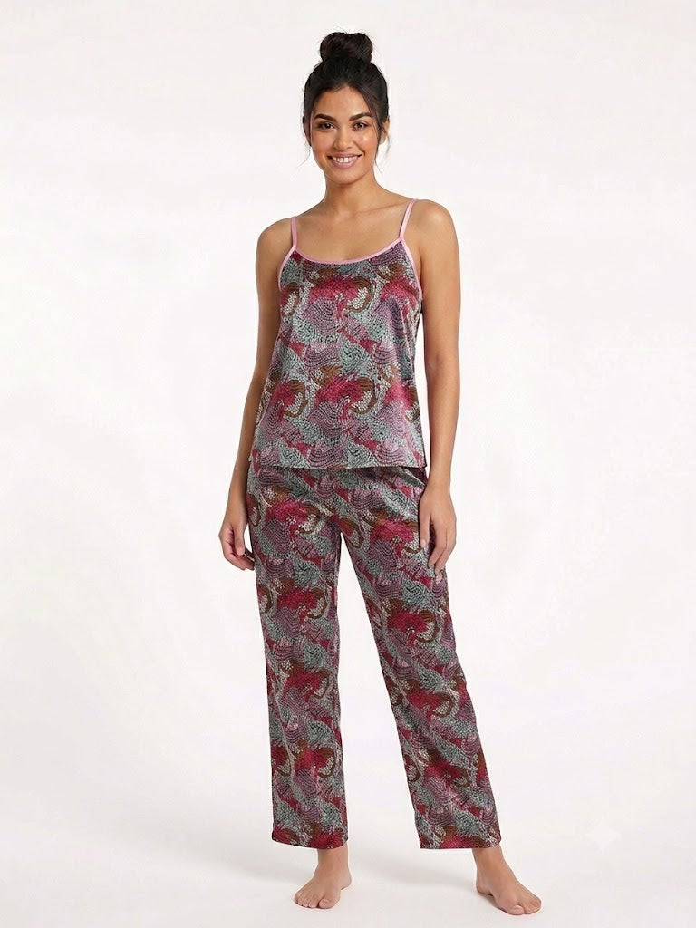 Ladies 2PC Satin Cami / Pants PJ Set Pink  Multi