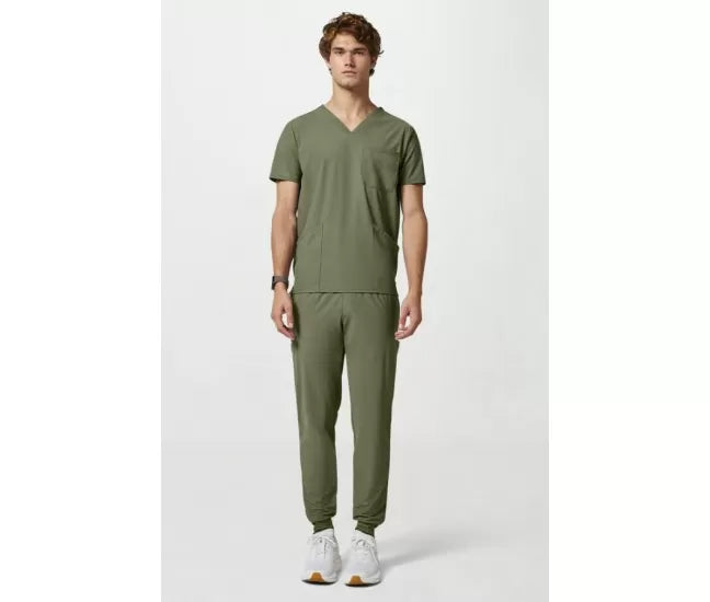 Pijama sanitario de hombre con cuello de pico y 3 bolsillos - Verde oliva