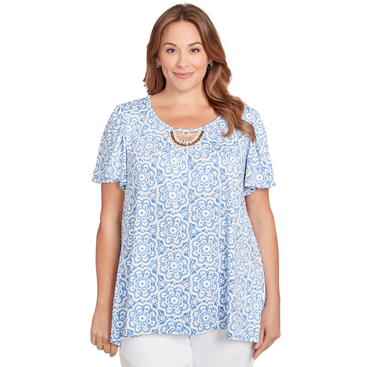 Plus Beaded Macramé Puff Print Tee    - Ruby Rd