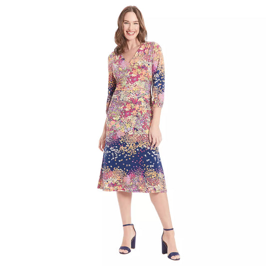 V-Neck, 3/4 Puff Sleeves Dress Navy Multi  - London Times