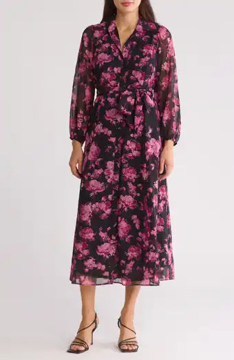 1PC Floral Long Sleeve Maxi Shirtdress Black/Pink/Multi - Sandra Darren