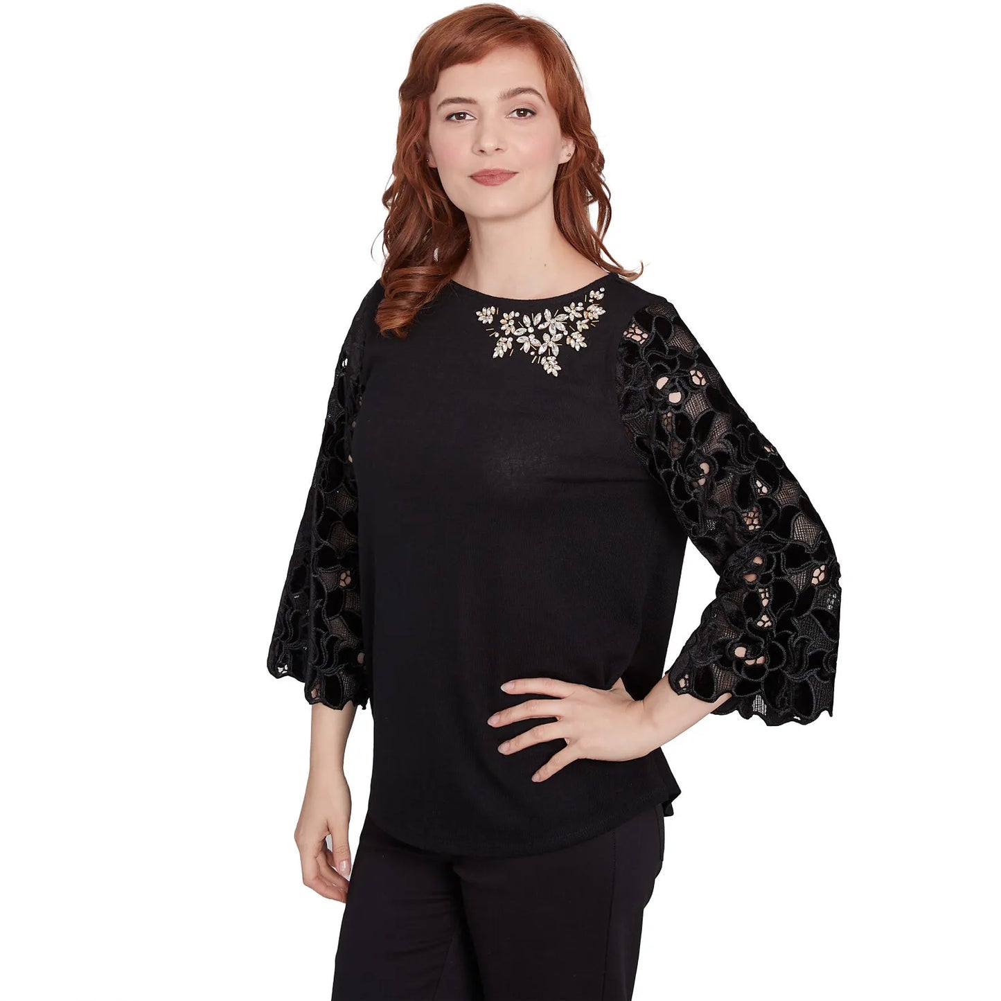 Velvet Rosette Lace Sleeve Bejeweled Solid Blouse - Ruby Rd