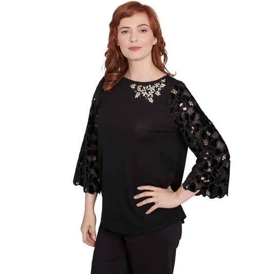 Velvet Rosette Lace Sleeve Bejeweled Solid Blouse - Ruby Rd