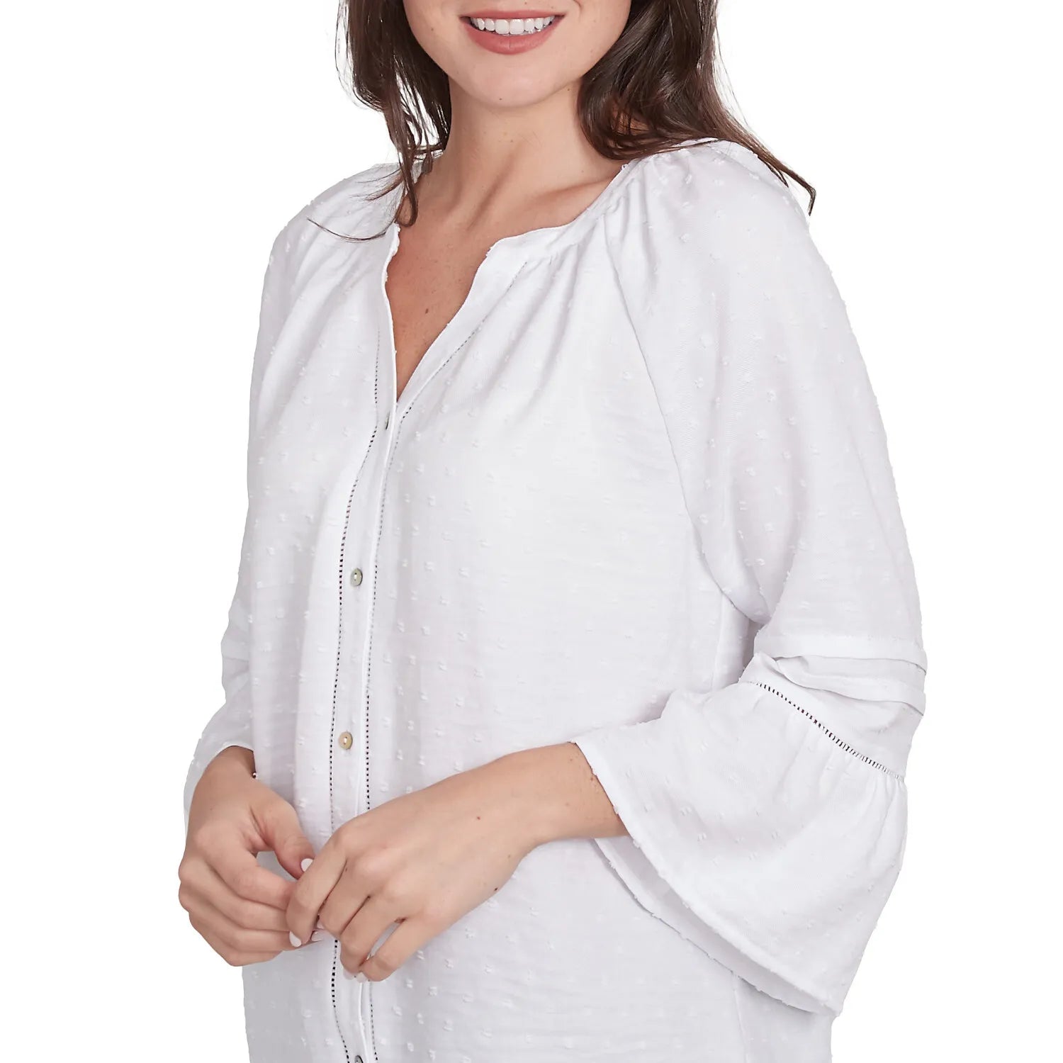 Clip Dot Button Front Flared Sleeve Top White - Ruby Rd