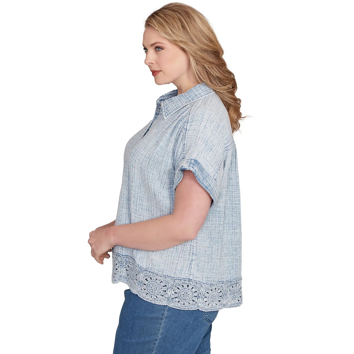 Plus Snow Washed Crochet Hem Collared Tee   - Ruby Rd
