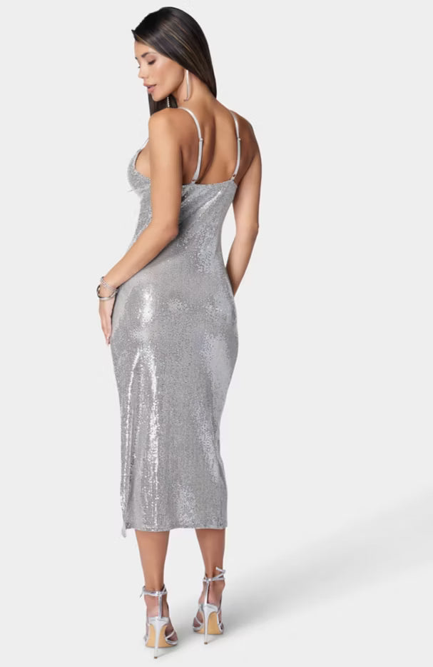 Spaghetti Gown Long Slim Maxi Taupe/Silver - Bebe