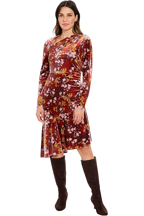 Floral Long Sleeve Ruched  Dress  Red Multi - London Times