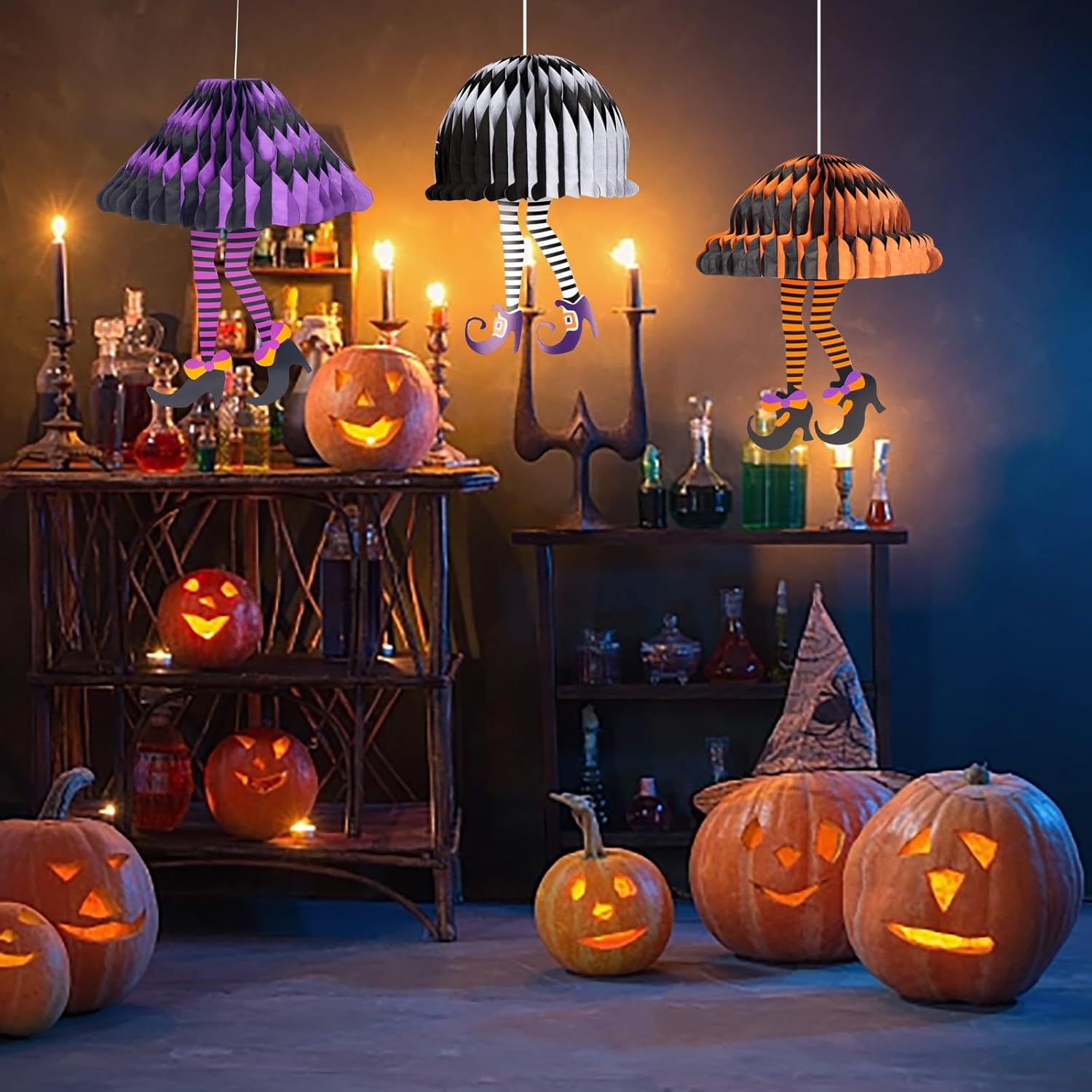 3 Piece Fold Up Honeycomb Paper Hanging Witch Legs Halloween Party Decorations