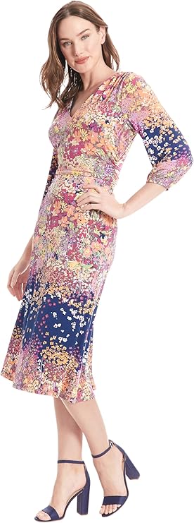 V-Neck, 3/4 Puff Sleeves Dress Navy Multi  - London Times