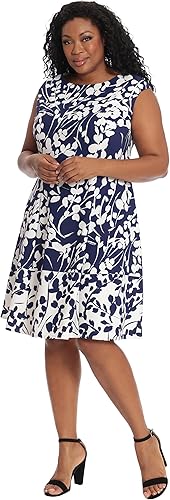 Floral Print Fit & Flare Scuba Dress Navy/Ivory  (Plus Size)- London Times