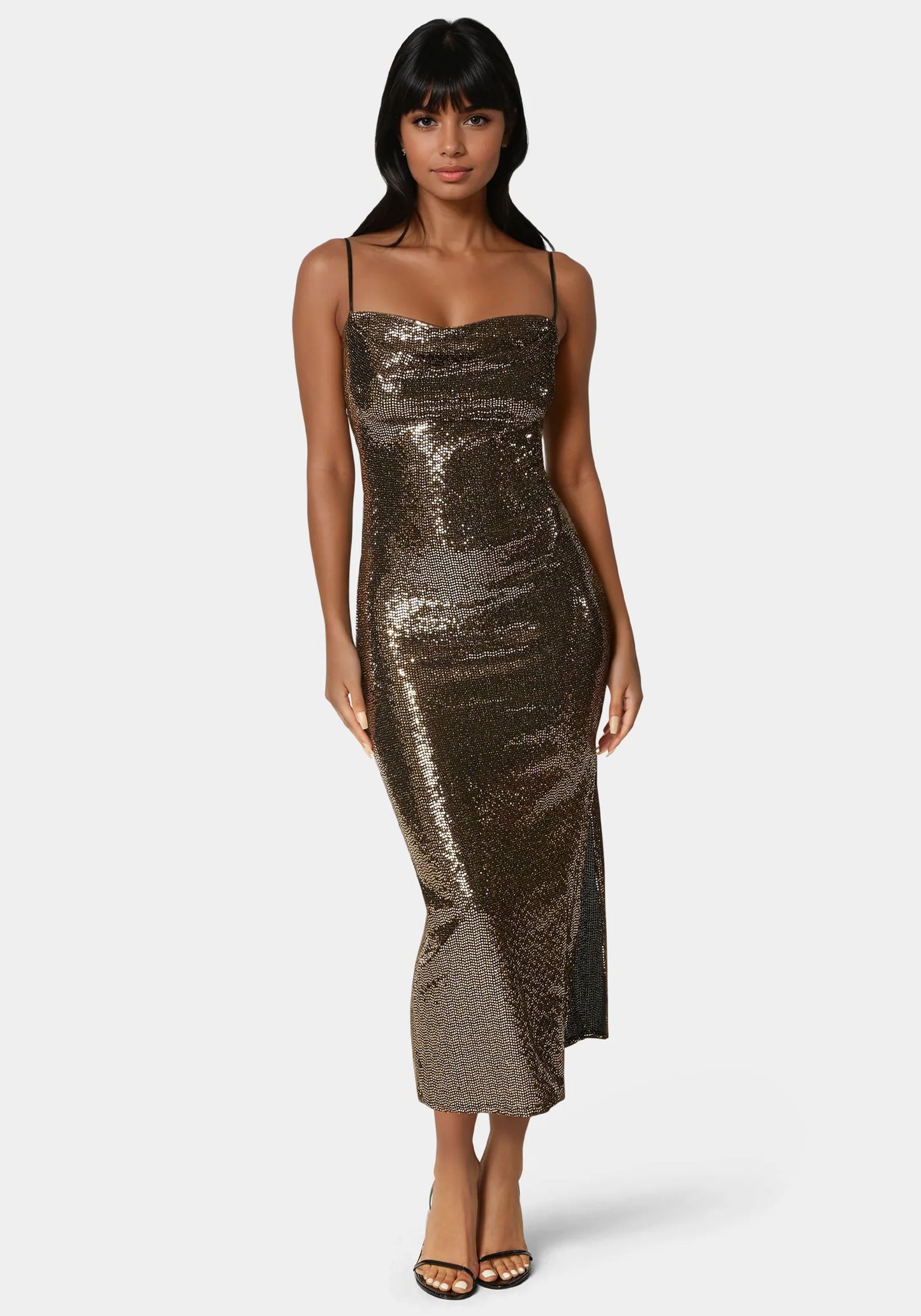 Spaghetti Gown Long Slim Maxi Black/Gold - Bebe