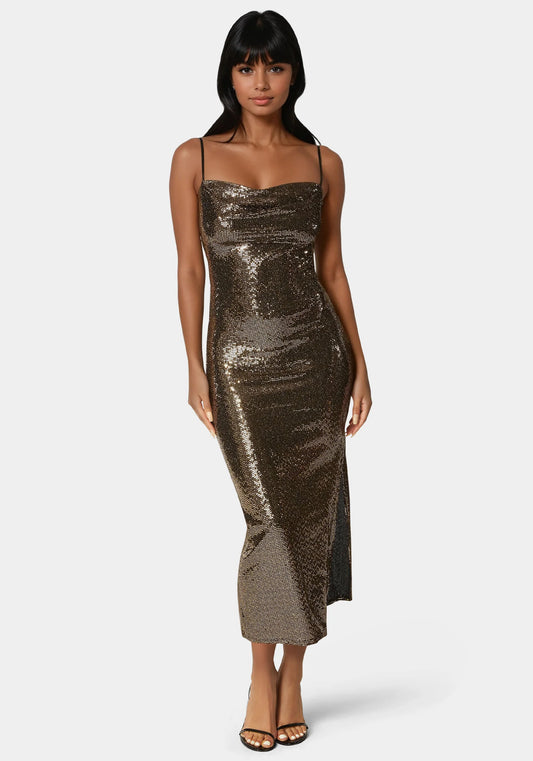 Spaghetti Gown Long Slim Maxi Black/Gold - Bebe