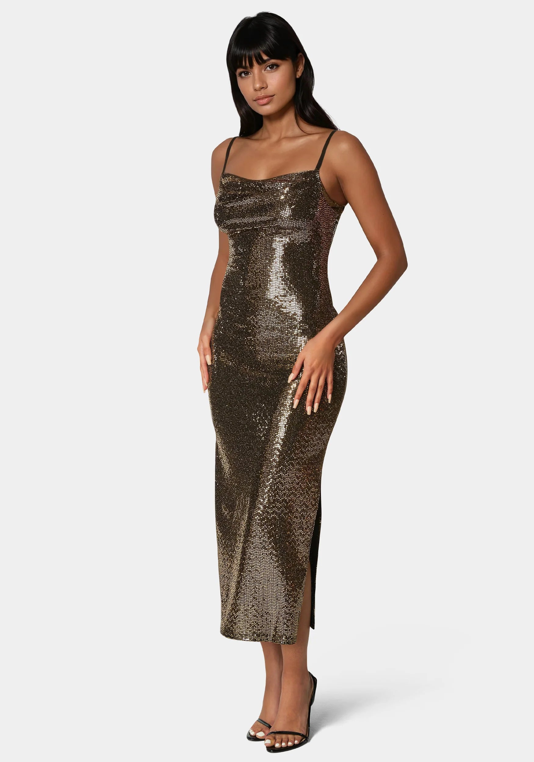 Spaghetti Gown Long Slim Maxi Black/Gold - Bebe