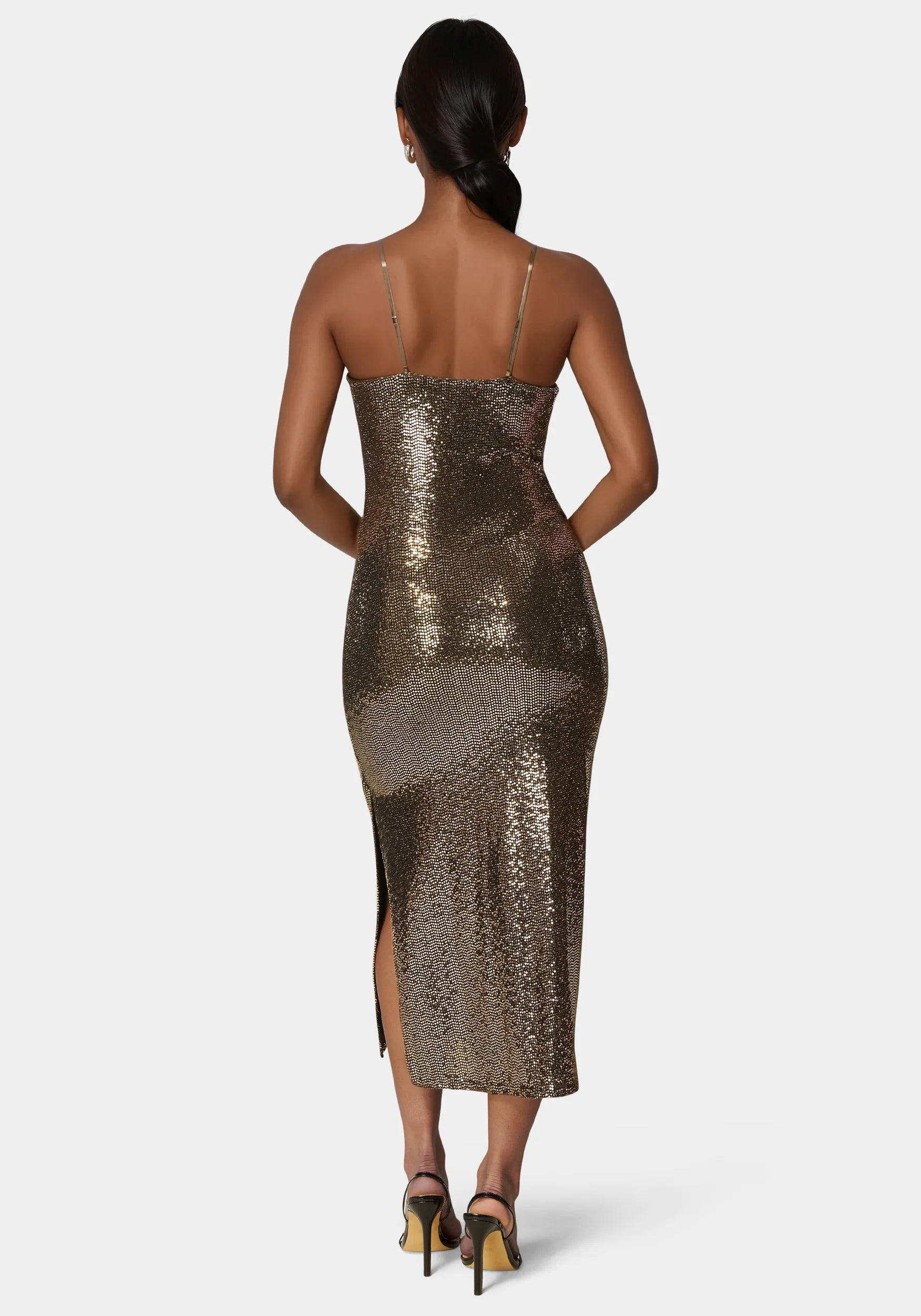 Spaghetti Gown Long Slim Maxi Black/Gold - Bebe