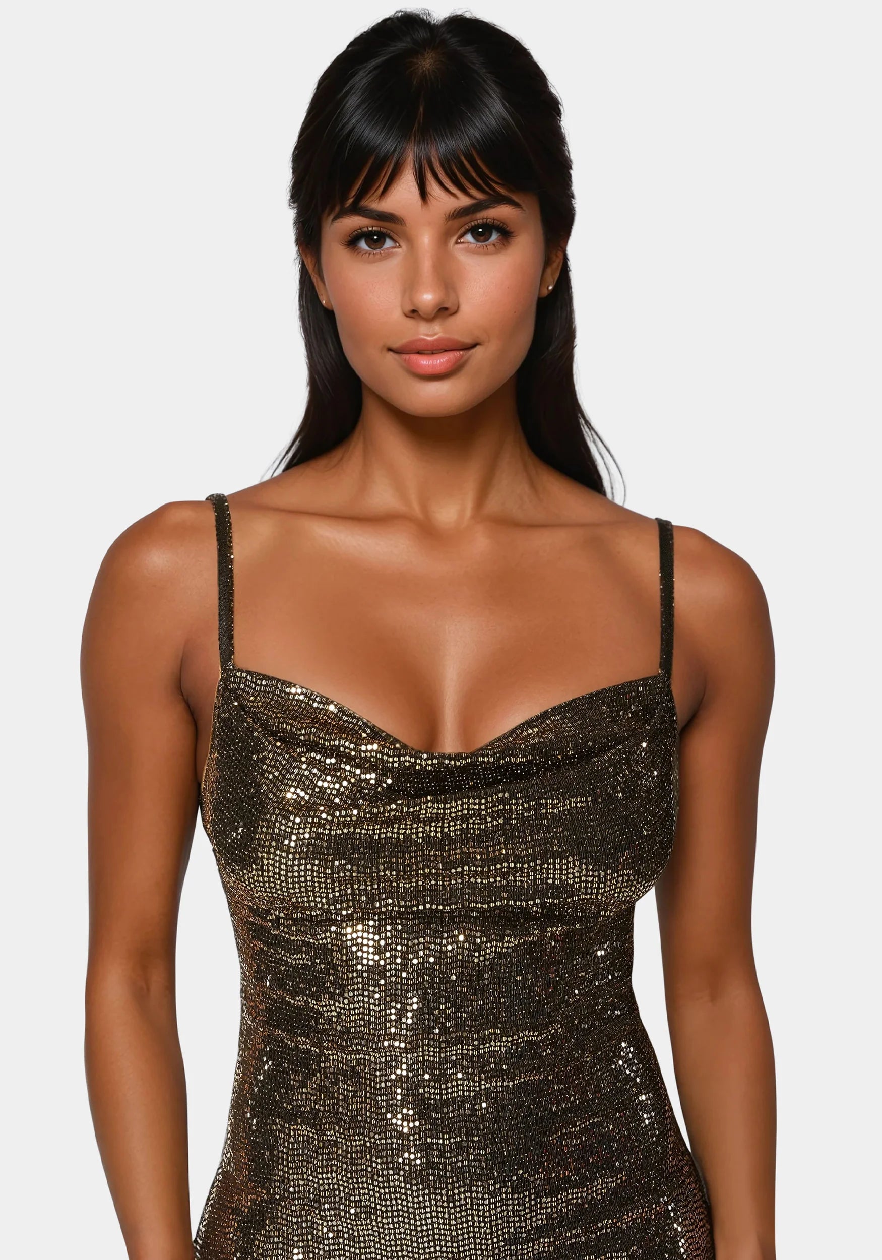 Spaghetti Gown Long Slim Maxi Black/Gold - Bebe