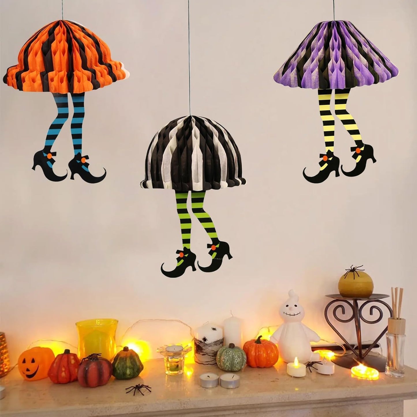 3 Piece Fold Up Honeycomb Paper Hanging Witch Legs Halloween Party Decorations
