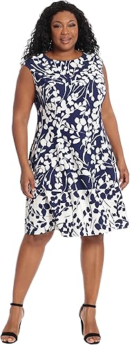 Floral Print Fit & Flare Scuba Dress Navy/Ivory  (Plus Size)- London Times