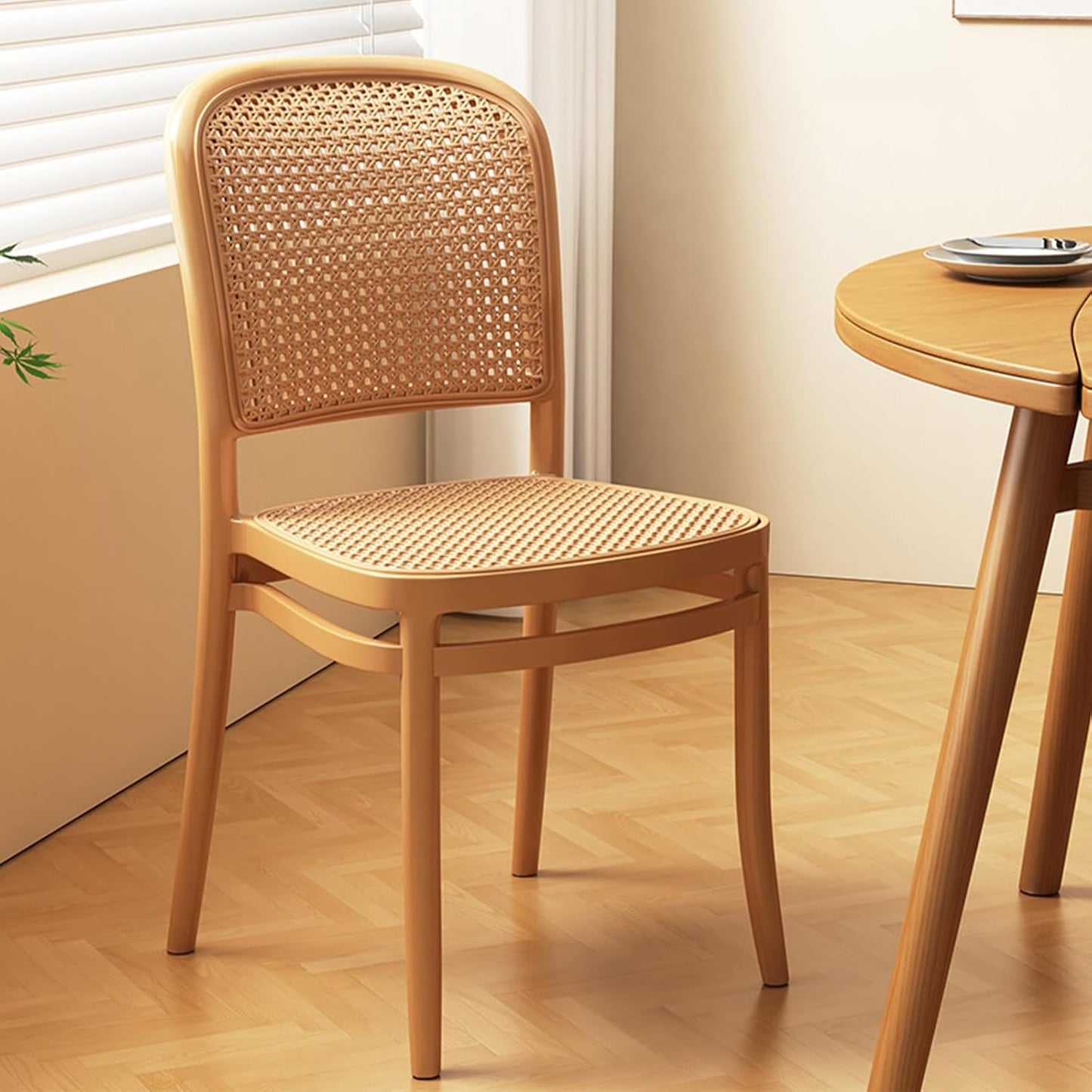 Commercial Rattan -Style Stackable Plastic Dining Chair Beige