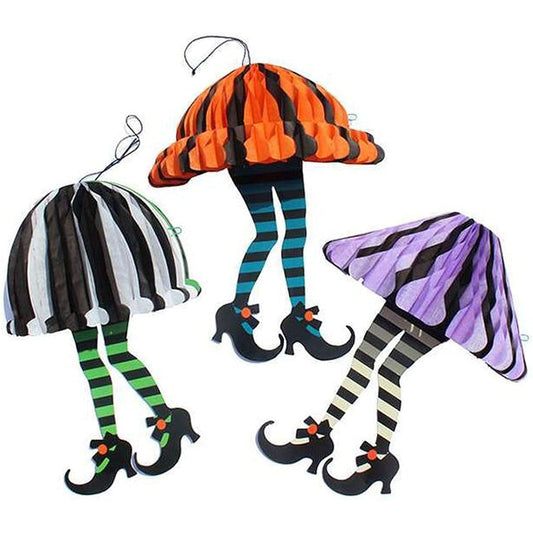 3 Piece Fold Up Honeycomb Paper Hanging Witch Legs Halloween Party Decorations