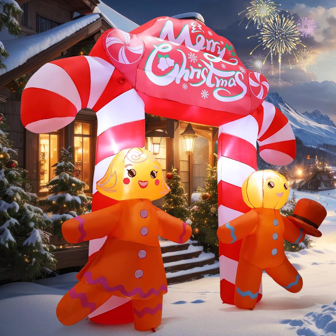 9.6 FT Christmas Inflatables Blow Up Yard Cute Candy Cane Archway with Couple Gingerbread with Built-in LEDs