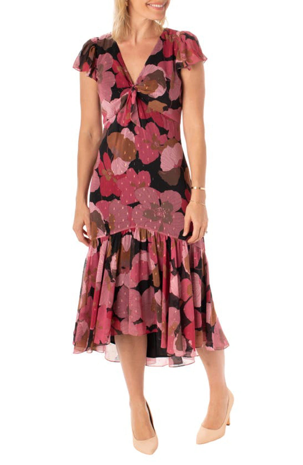 Floral Flutter Sleeve High-Low Midi Dress