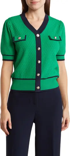 Pointelle Colorblock Short Sleeve Sweater Green/Navy - Nanette Lepore