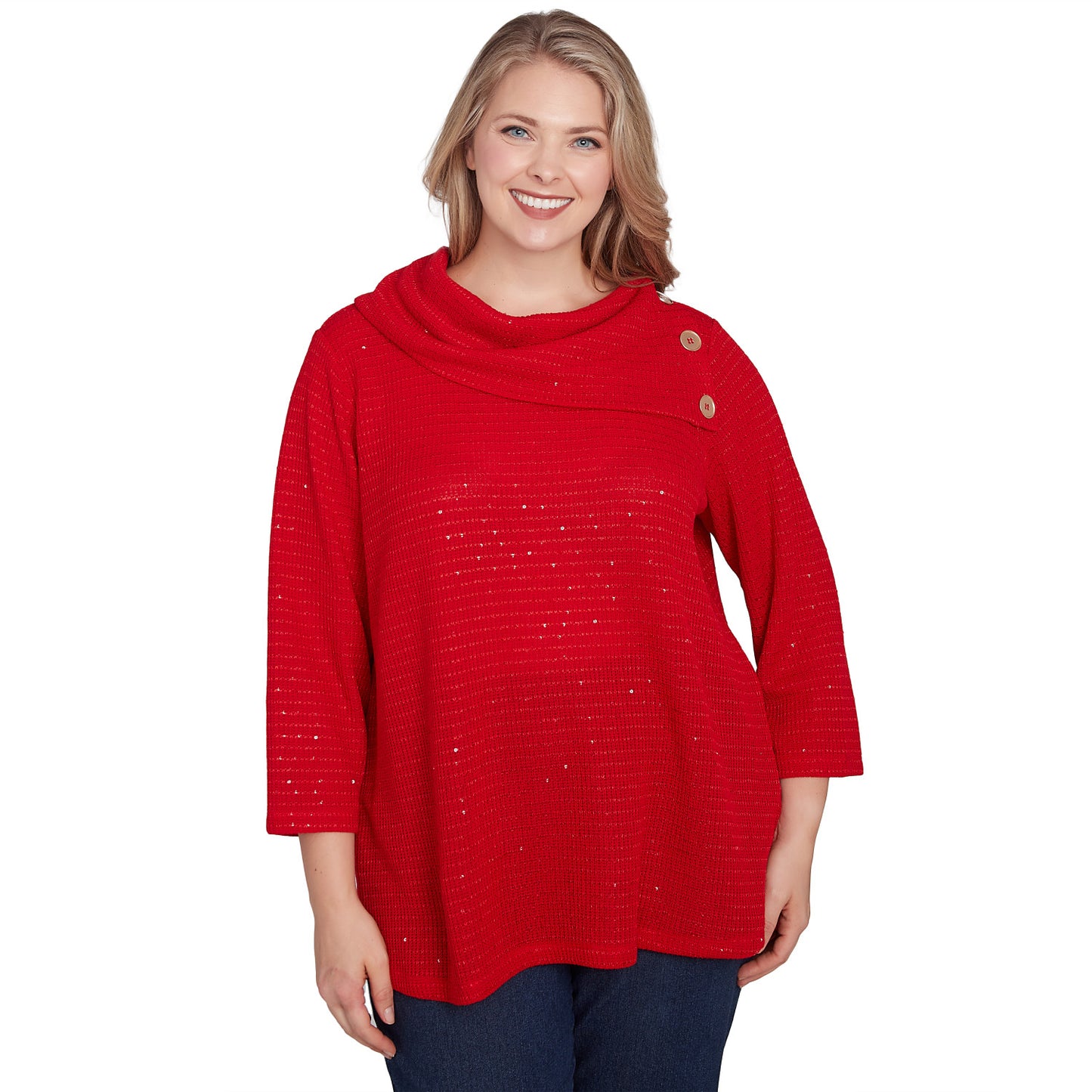 Plus Split Cowl Neck Sequin Knit Top Lipstick  - Ruby Rd