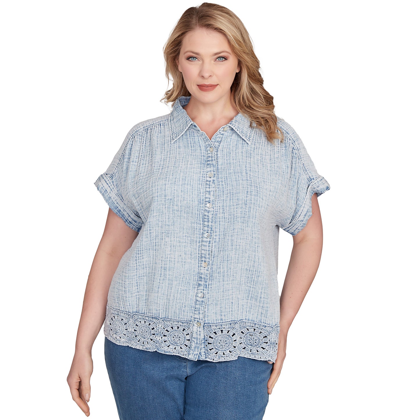 Plus Snow Washed Crochet Hem Collared Tee   - Ruby Rd