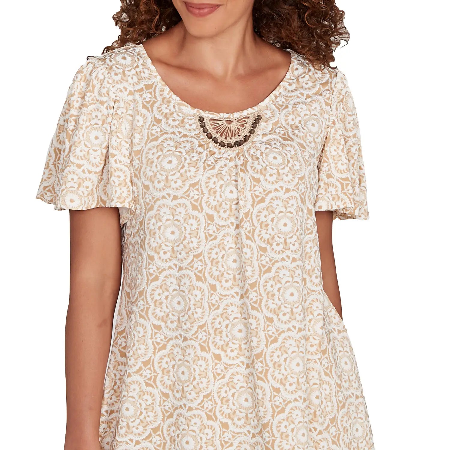 Beaded Macrame Puff Print Tee Jute Multi - Ruby Rd