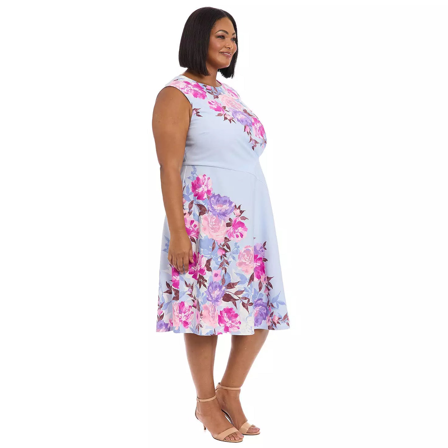 Sleeveless Scuba Crepe Midi Dress Blue/Pink (Plus Size) - London Times