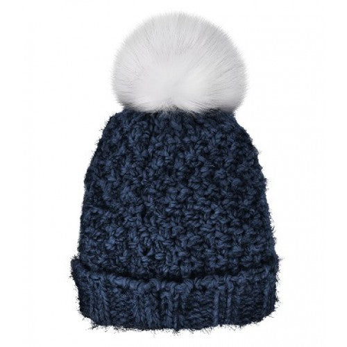 LADIES PLUSH LINED CUFF HAT, FAUX FUR POM BLUE