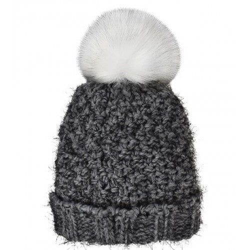 LADIES PLUSH LINED CUFF HAT, FAUX FUR POM GREY